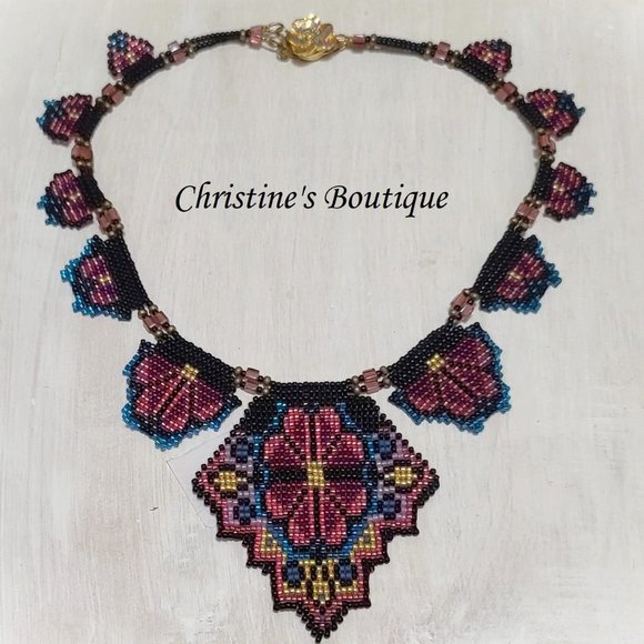 Handmade glass Seed Bead statment Necklace Floral - Picture 1 of 3